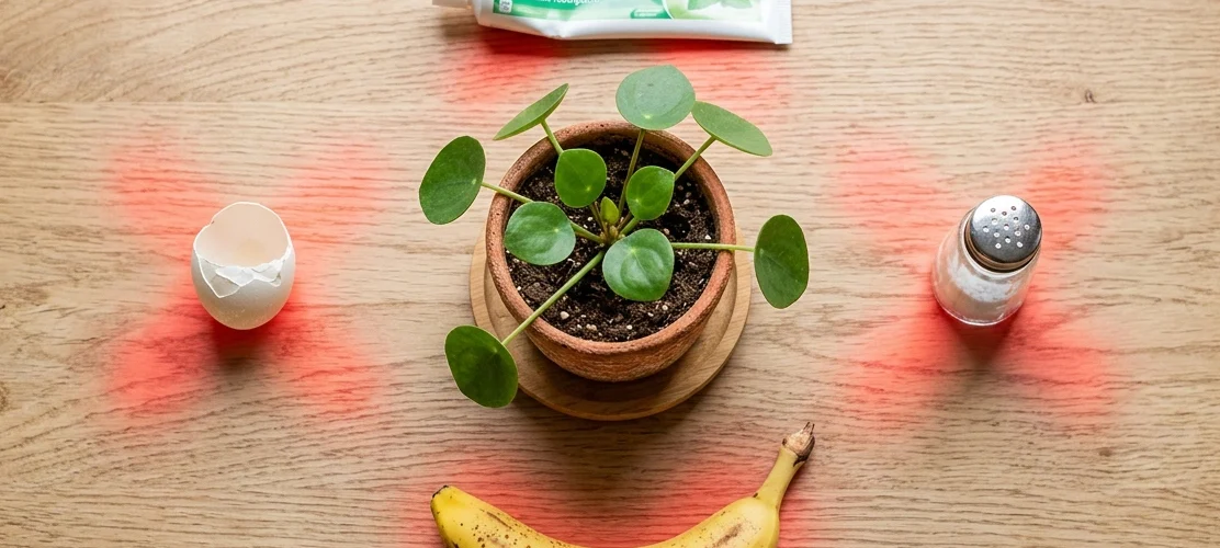 Household items around potted plant 1112x500
