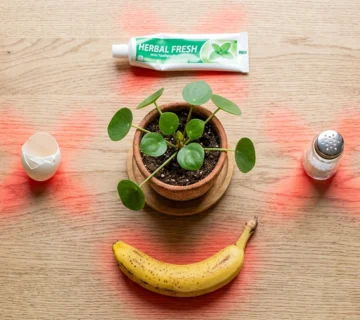 Household items around potted plant 360x320